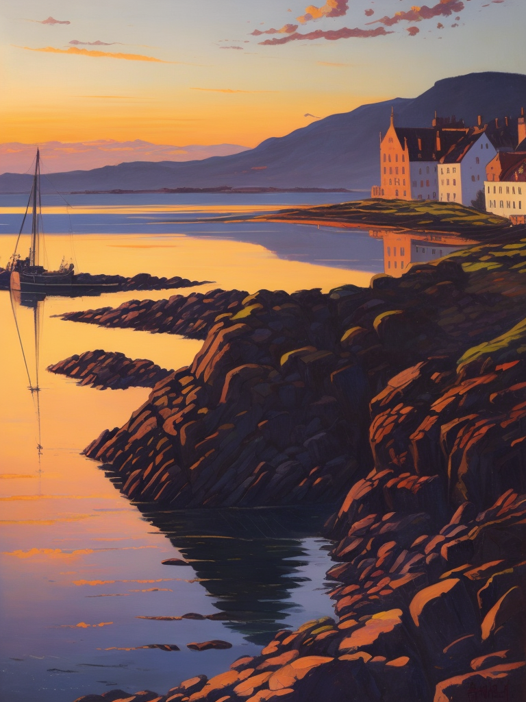 A painting by Andre Lhote. A painting of Dunbar Harbour at sunset captures the tranquil beauty and historic character of this Scottish harbor through an engaging fusion of Cubist and Fauvist styles. The peaceful waterfront, lined with fishing boats and surrounded by ancient castle ruins, is depicted using bold, fragmented shapes, while the surrounding rocky coastline and calm sea are rendered in warm hues of orange, pink, and purple. The scene conveys a sense of nostalgia and maritime heritage, reflecting the essence of Dunbar Harbour at sunset.