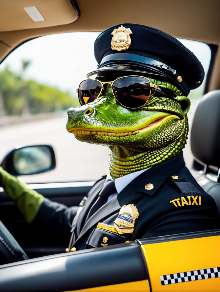 Alligator police officer, sitting behind the wheel of a taxi, close-up shot, sunglasses, clipart, stock photo