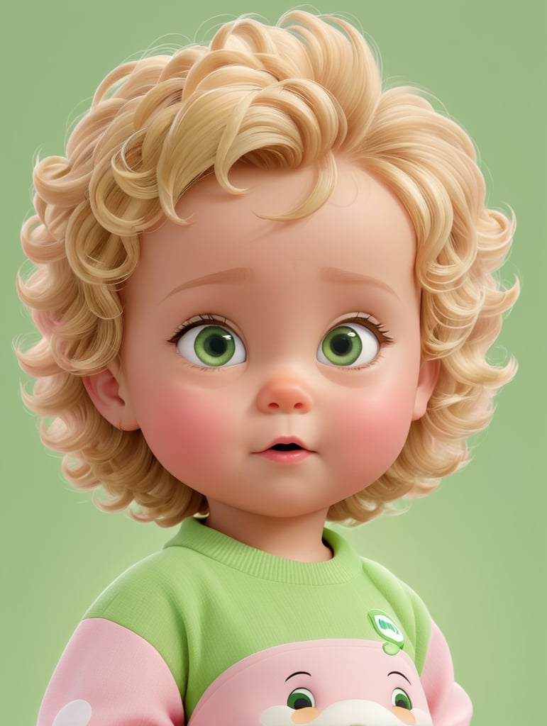 Uma bebê feminina, cabelo loiro, cabelo curto, cabelo enrolado, olho verde, roupa rosa