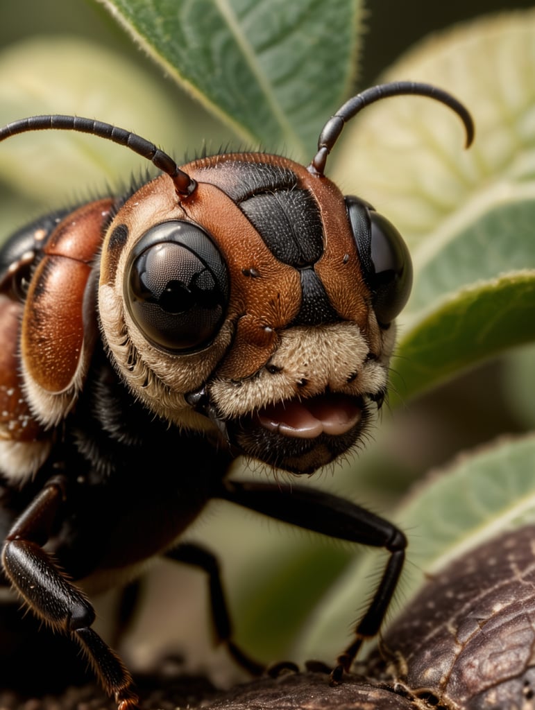 An ant with a shaved body and has a mustache.