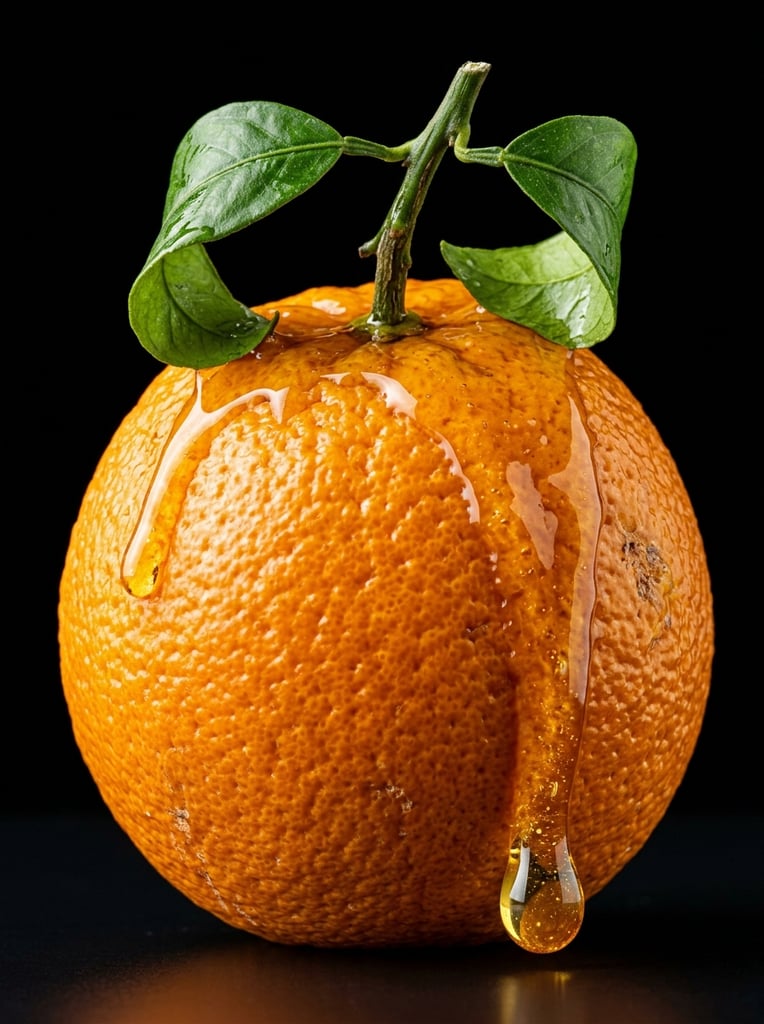 Macro photograph of a textured orange citrus against a pure black background. Thick golden honey cascades down the dimpled rind from a green stem and curled leaf, forming a heavy translucent droplet at the base. Studio lighting highlights the glossy liquid and porous fruit skin.