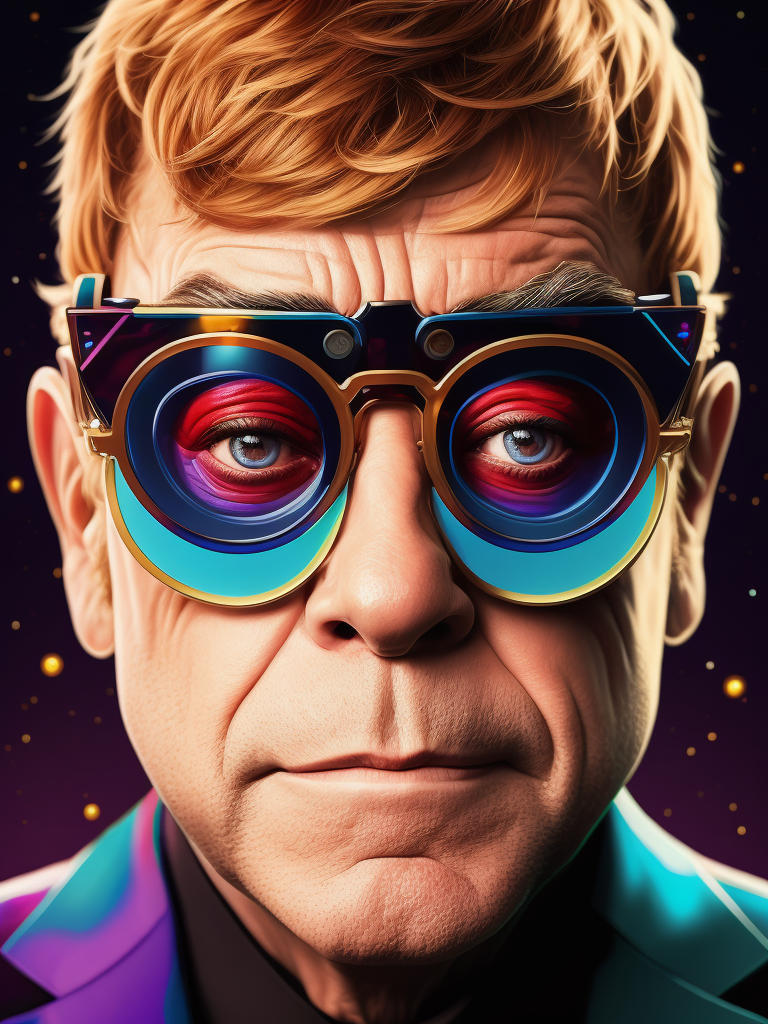 Portrait of Elton John with star-shaped glasses, Against a bright gradient, Vivid saturated colors, Contrast color