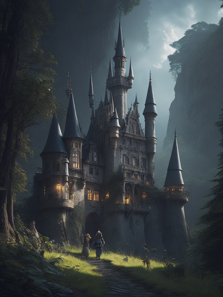 Create a whimsical fairy-tale scene with a castle, fairies, and a mystical forest