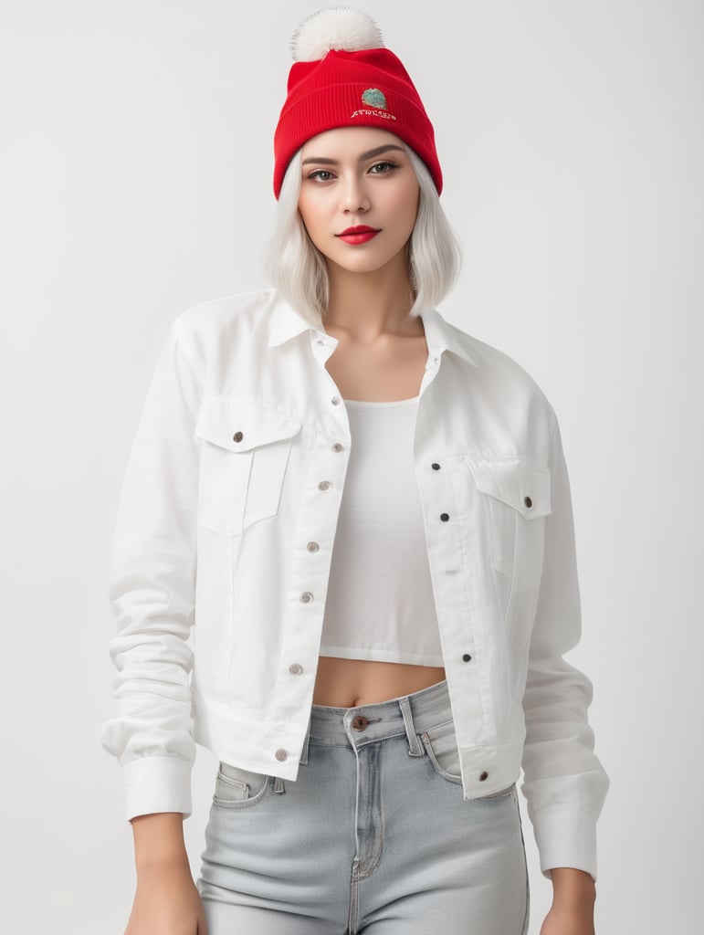 a young women with white hair and red hat on his head is wearing a white lacket, isolated, white background