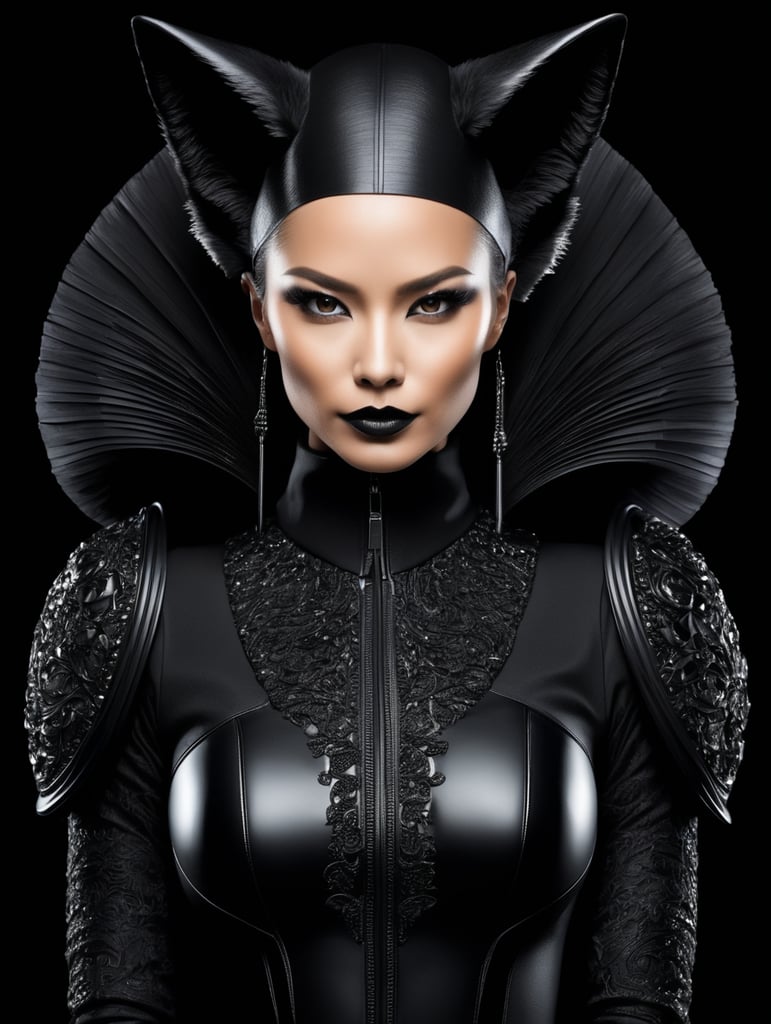 Fox, avant-garde, simplygo, photoshoot spread, dressed in all black, black background, harpers bizarre, cover, headshot, hyper realistic