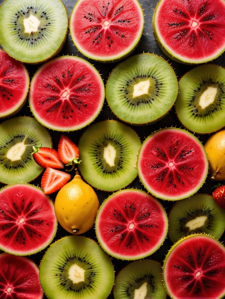 Colorful sliced fruit pieces, top view, watermelon, dragon fruit, kiwi, strawberry