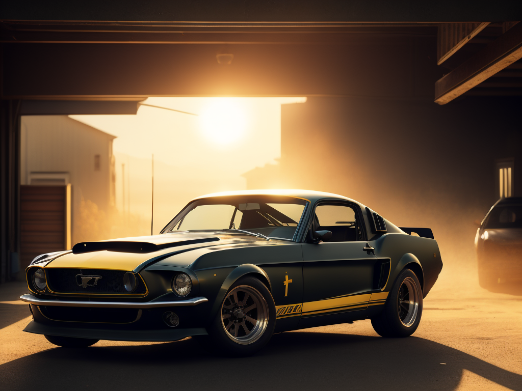 A videogame background image of a dusty garage, a racing Mustang car in the foreground with visible wear and tear, yellow sun rays coming inside from a small window illuminate the car, incredible graphics, 4k