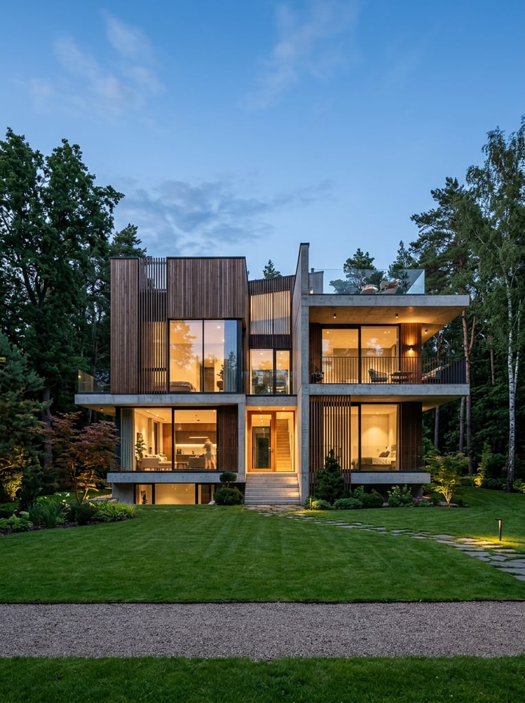 modern multi-level house exterior at dusk, vertical wood cladding, exposed concrete framework, large floor-to-ceiling windows revealing warmly lit interiors, cantilevered balconies, expansive manicured green lawn, framed by tall mature trees, twilight architectural photography, straight-on wide perspective