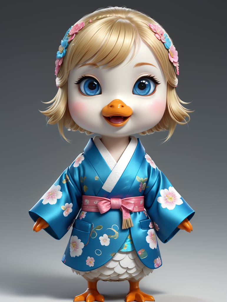 groovy 3D kawaii japanese little cute goose character, young female goose, blue eyes and blond hair, kimono, in dynamic vector graphics style, on clean white background