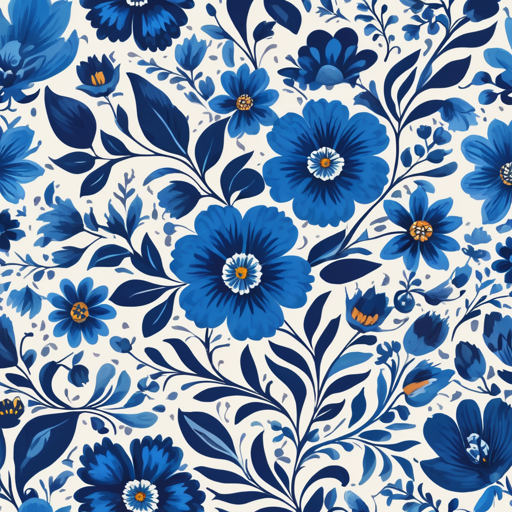 Seamless pattern beautiful floral pattern with blue flowers in the background, in the style of polish folklore motifs, juliana nan, mexican folklore - inspired, tivadar csontváry kosztka, clara peeters, texture exploration, blue color scheme, blue pallete, amoled, 264k render HD