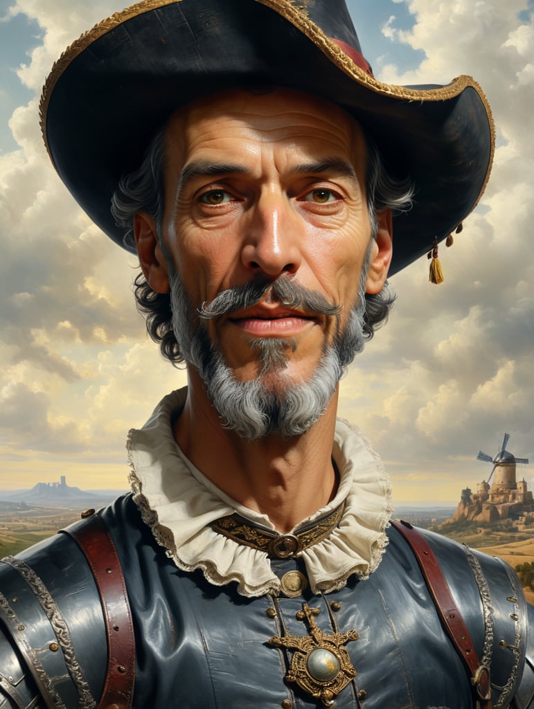 retrato de "el Quijote", con cuello de lechuguilla, y sombrero como la imagen de referencia, un poco borracho, bebiendo vino, con paisaje de fondo de Toledo, molinos blancos típicos de Castilla-La Mancha en el fondo del paisaje, en una atmósfera barroca, en estilo de Velazquez