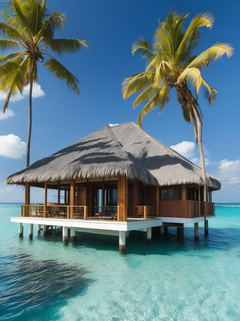Over water villa in the maledives with the sun shining and some palms, Vibrant and rich colors, blue skies and azure oceans, photorealistic, contrast light, deep colors, Incredibly high detailed