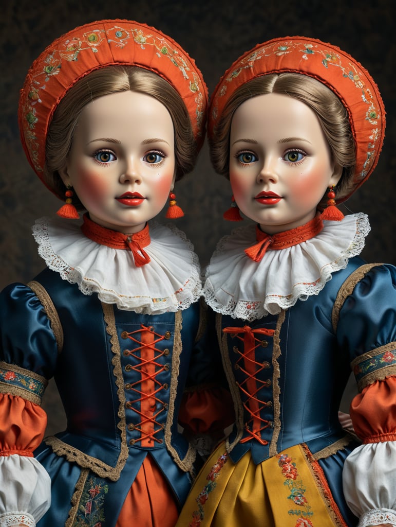 A pair of anthropomorphic dolls in the style of Dutch tradition, soft sculpture, historical subjects, Danish design, folklore theme, colorful caricature