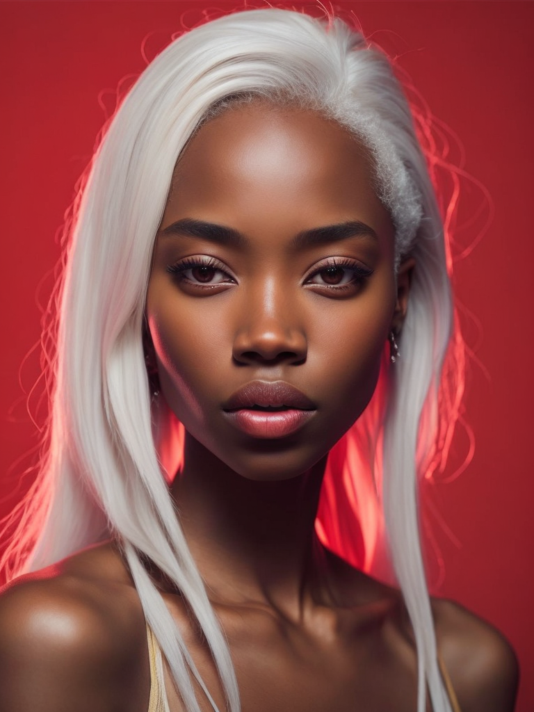black girl on a red background, red light reflection on her face, White hair
