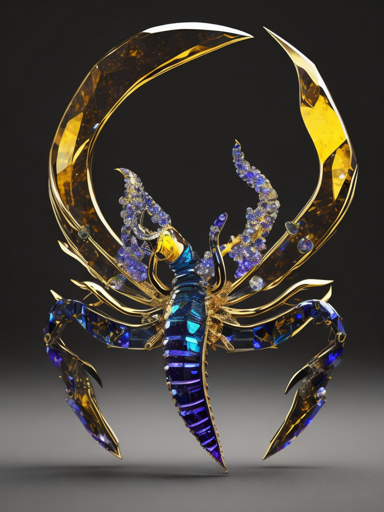 A crystal scorpion in swarovski style, vibrant colors, high detail, contrast light, sharp focus