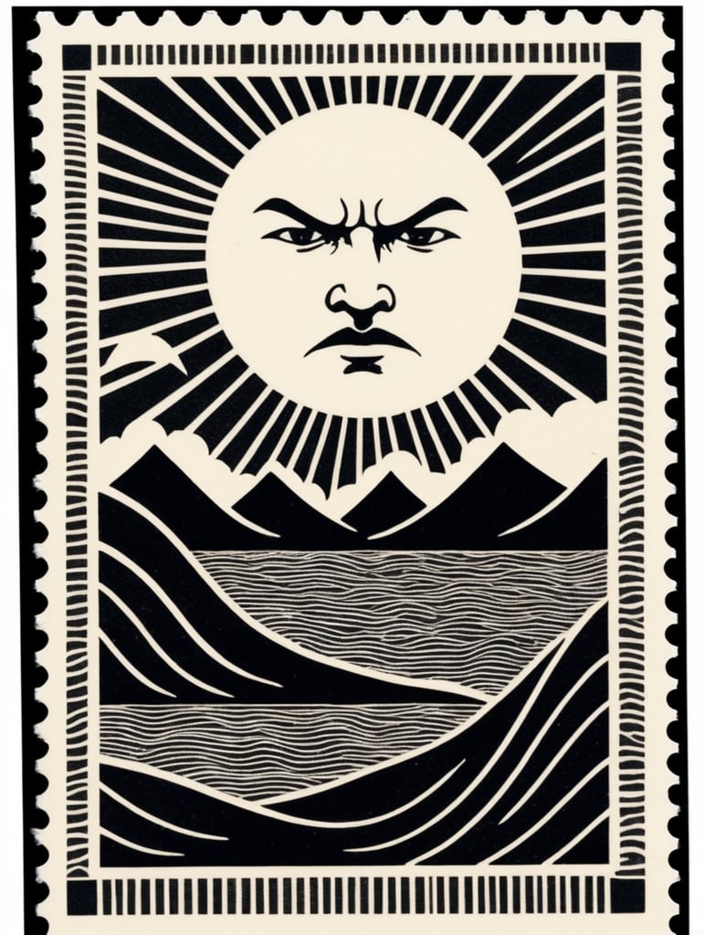 Black and white linocut postage stamp angry sun thick bold dark lines