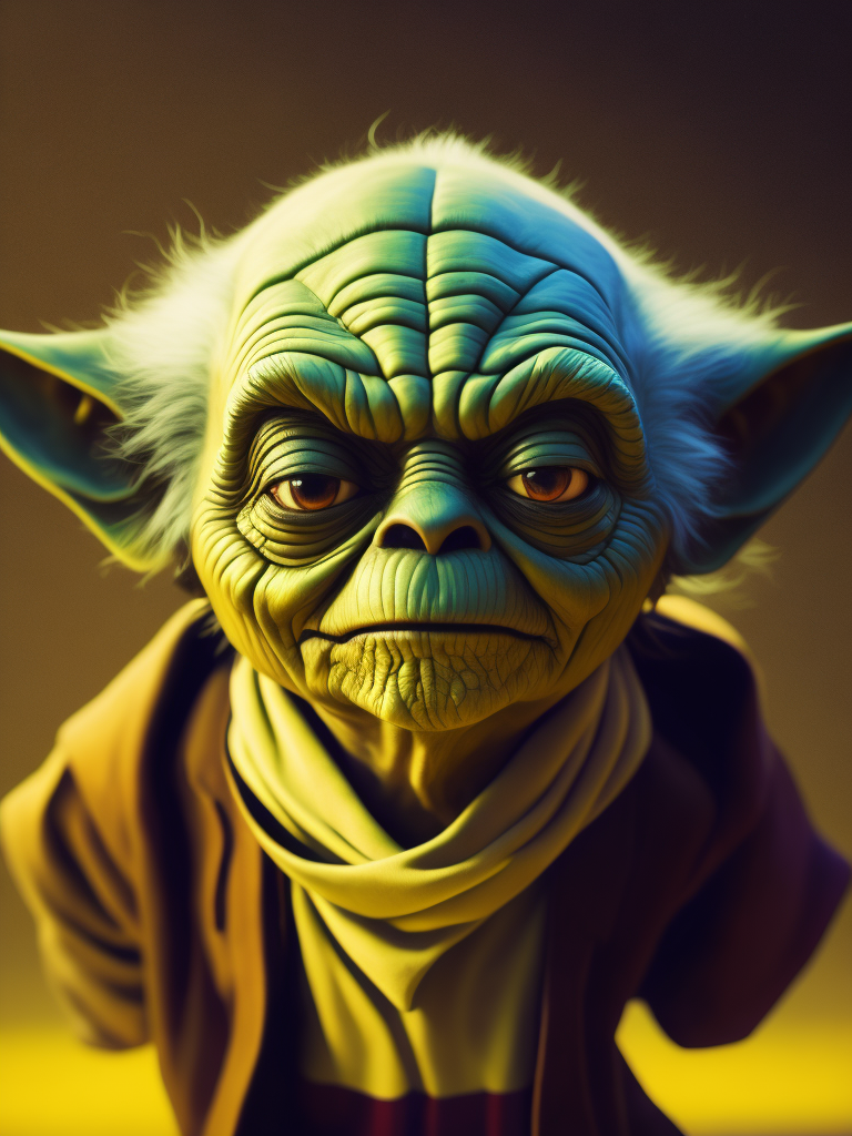 image of a Yoda in black metal corpse paint made of bright colored plastic material, like a toy, bright yellow background, brightly lit, bright and saturated colors, fun, highly detailed, fashion magazine, sharp focus, bright expressive makeup depth of field, incredibly high detailed