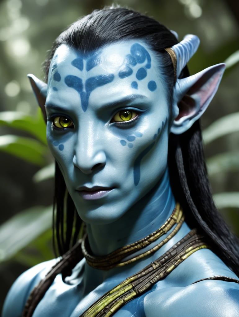 a Na'vi from james camerons "Avatar" looking at the camera