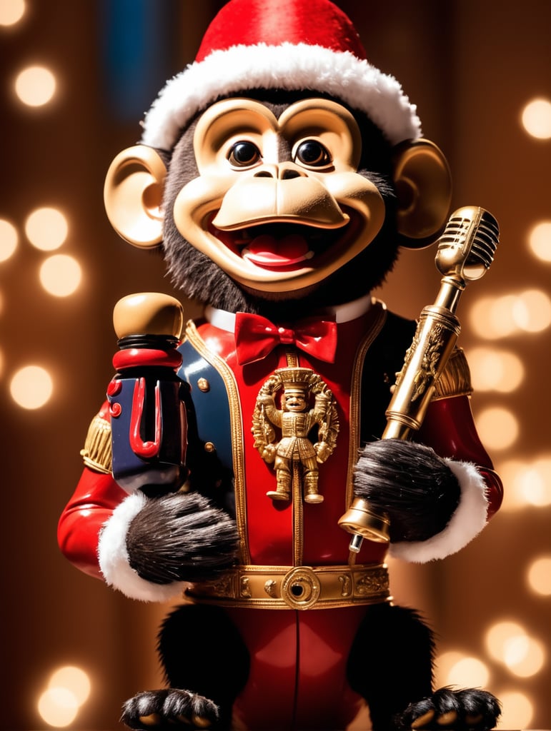 Happy monkey singing with a nutcracker at University of Wisconsin-Madison, bright colors, high contrast, dramatic lighting