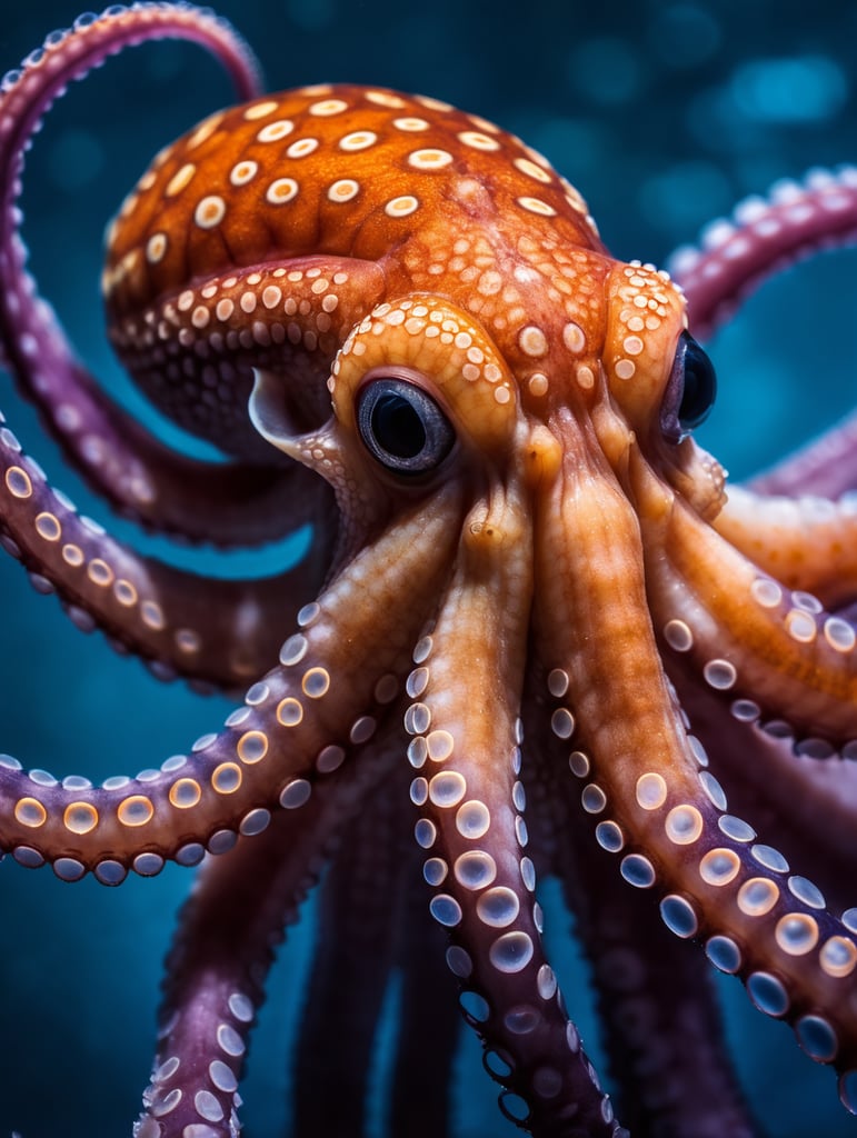 Octopus photography, extreme close up of an octopus showing its tentacles in a blue background, in the style of darkroom photography, orange and magenta, fluid simplicity