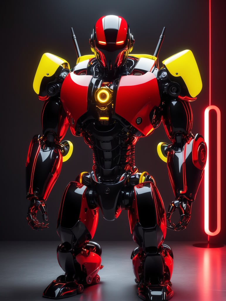 a red and black robot with neon lights, in the style of light black and yellow, octane render, polished craftsmanship, aquirax uno, precise craftsmanship