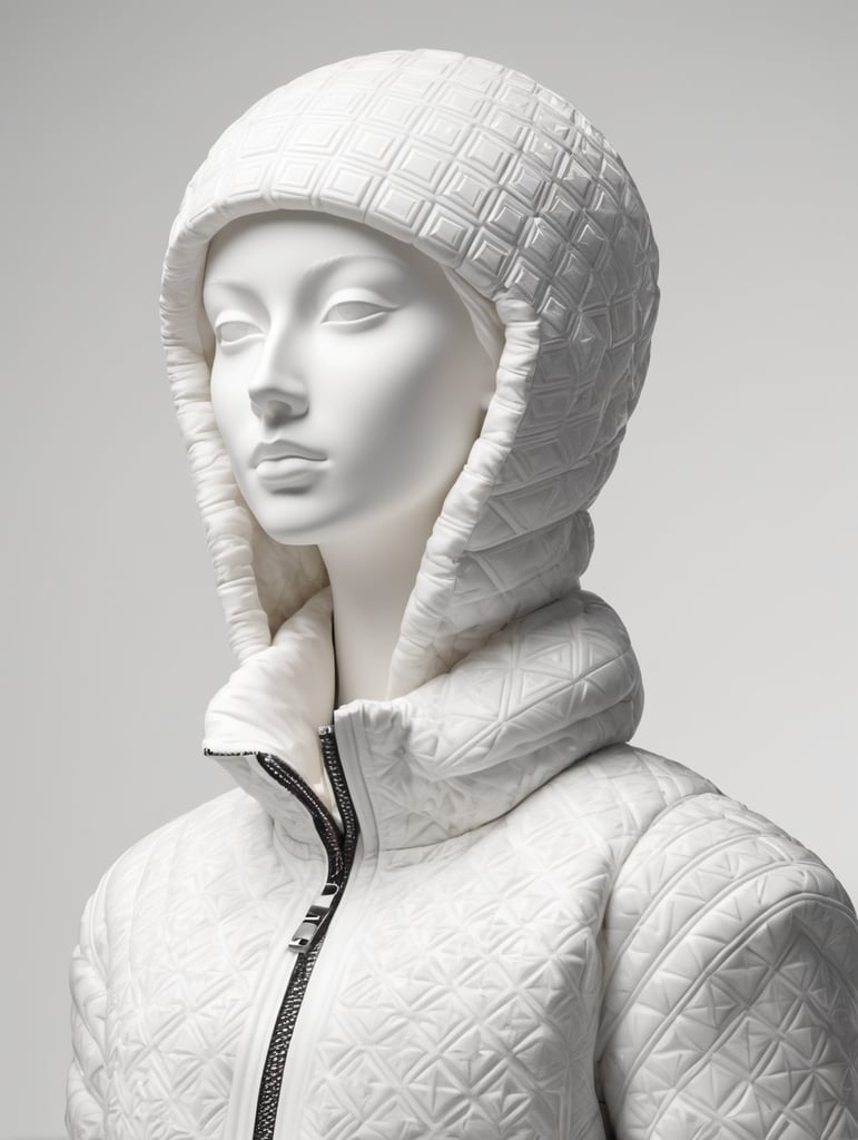 An ancient marble statue wears a modern puffer jacket of geometric pattern. Isolated black background.