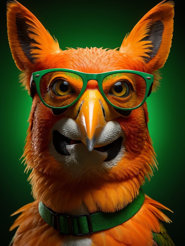 portrait of a orange bird, wearing green sunglasses, green background, bright colors
