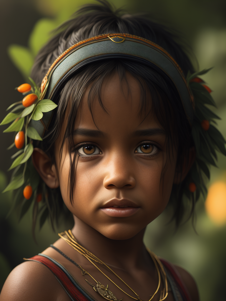 Portrait of an Brazilian amazon child, high definition, photography, cinematic, detailed character portrait, detailed and intricate environment