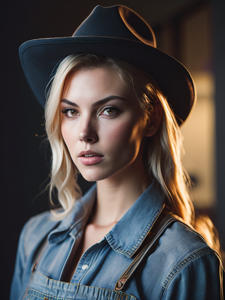 Portrait of an 21 year old elisha cuthbert from the movie the girl next door, wearing demin overalls with a large bust and a cowboy hat