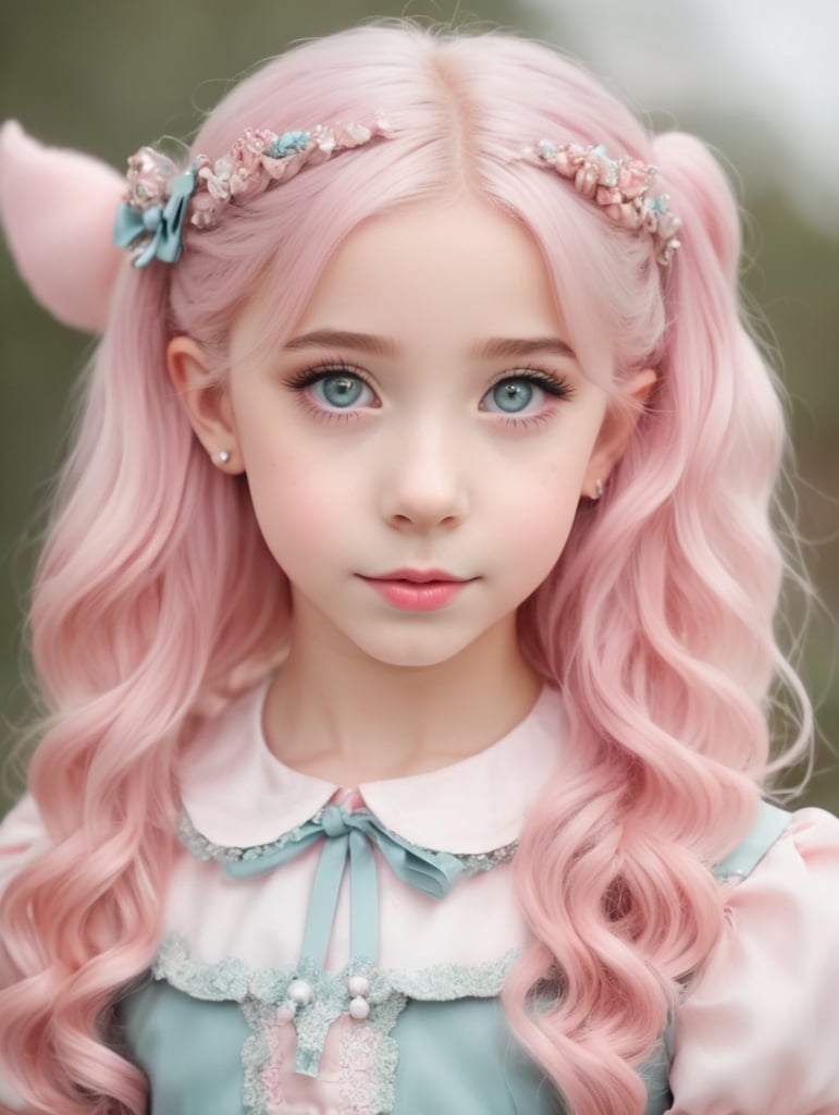 Belle Delphine as a child, pretty, beautiful, e girl, pastel pink hair, 9year old,