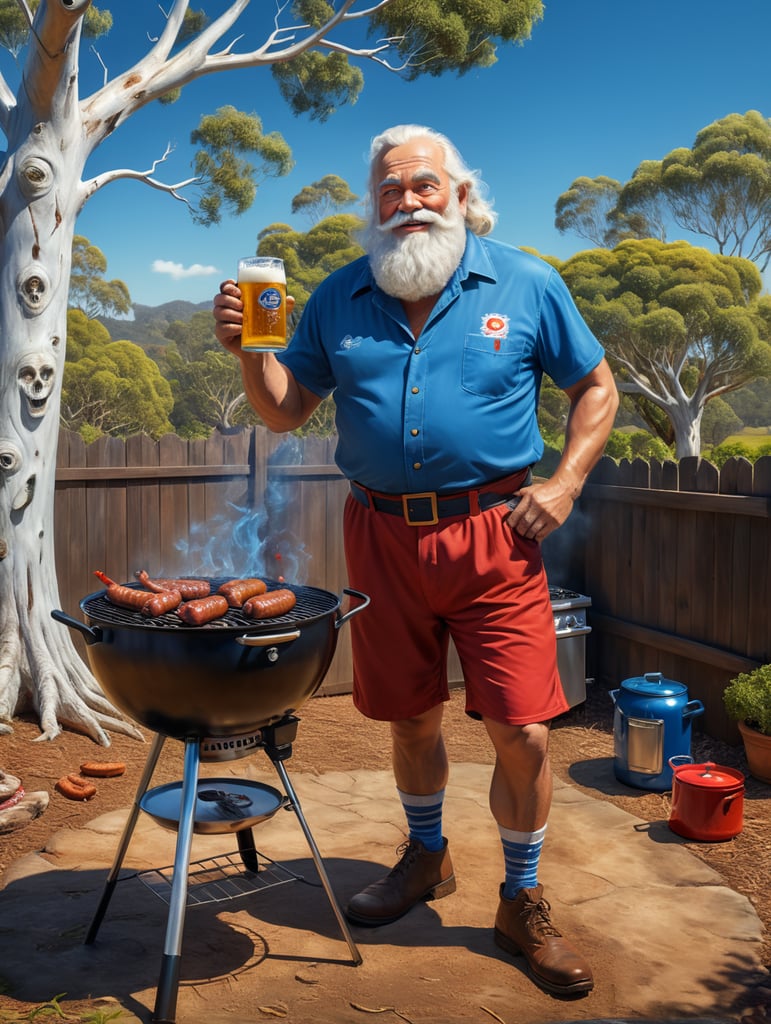 Santa wearing shorts, a short sleeve blue shirt, and wearing flip flops, cooking sausages on a small barbeque. He is standing on grass next to an Australian ghost gum tree, with a backyard fence behind him and a blue sky. He is holding a can of beer in one hand and metal barbeque tongs in the other hand