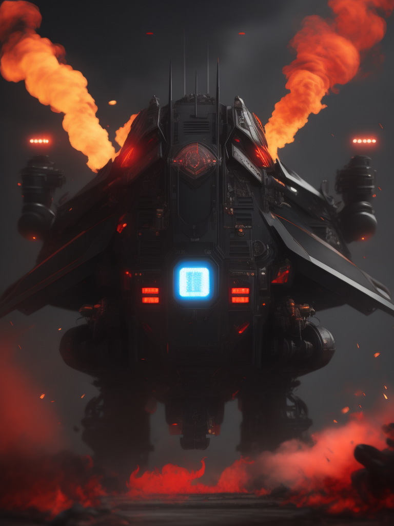 Black cyber military drone, background red smoke