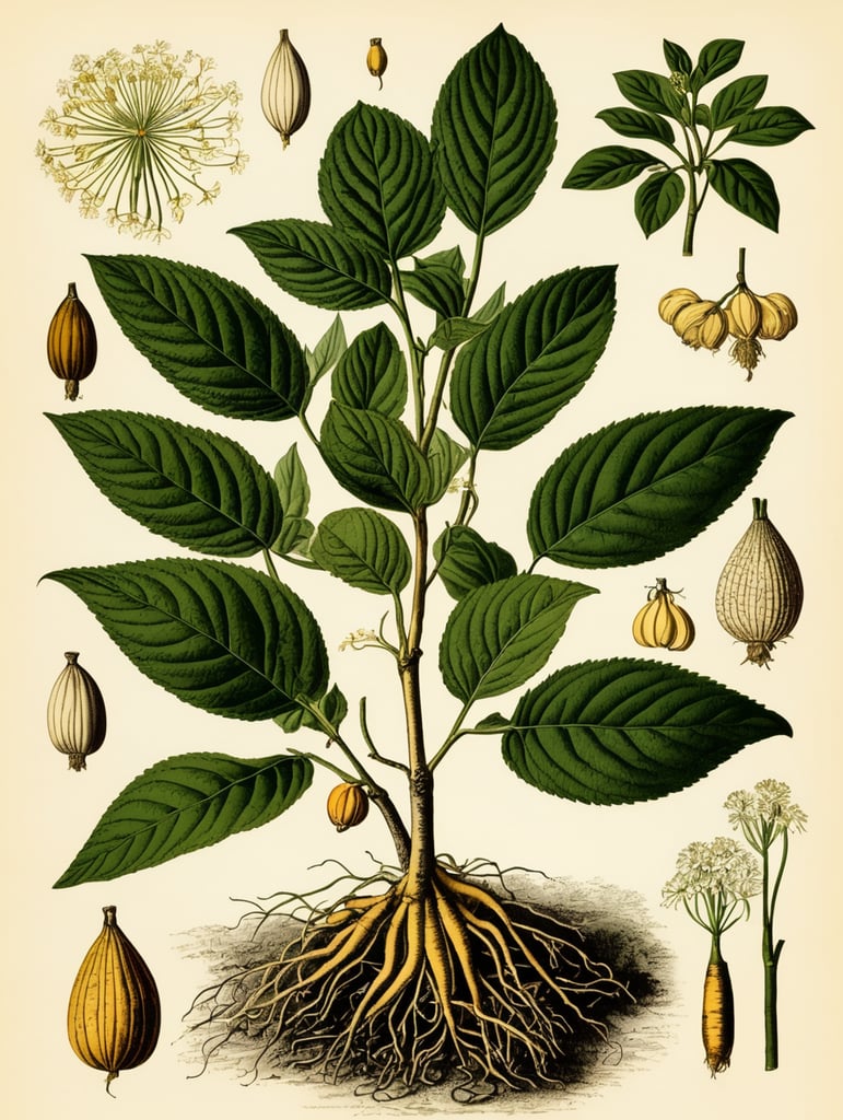 vintage accurate botanical illustration of ginseng root