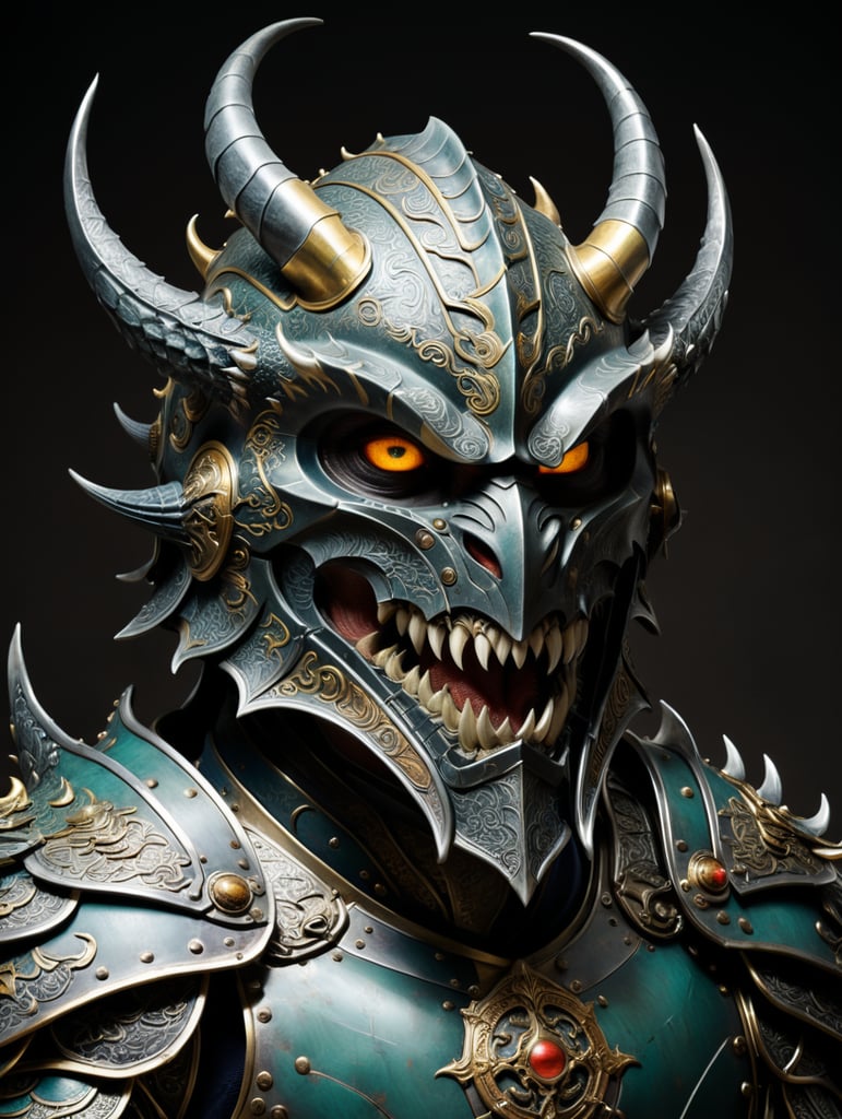 This set of armor has a pointed helm with half a face guard shaped like the eyes of a dragon. Attached to the forehead area is a tall, wing-like ornament piece. The shoulders are fairly pointy, wide and quite large. They're decorated with rows and rows of teeth, enemy teeth to be exact. The upper arms are protected by squared, layered metal rerebraces which sit nicely under the shoulderplates. The lower arms are covered by vambraces which have a row of hook-like barbs attached to each outer side. The breastplate is made from several layers of metal sheets, which perfectly sit just under the shoulderplates. It covers almost everything from the neck down and ending at the groin, but the sides are only covered near the bottom. The upper legs are covered by pointed, layered metal cuisses. The lower legs are protected by greaves which have a curved animal bone attached to each outer side, the bone curves upwards towards the pelvis.