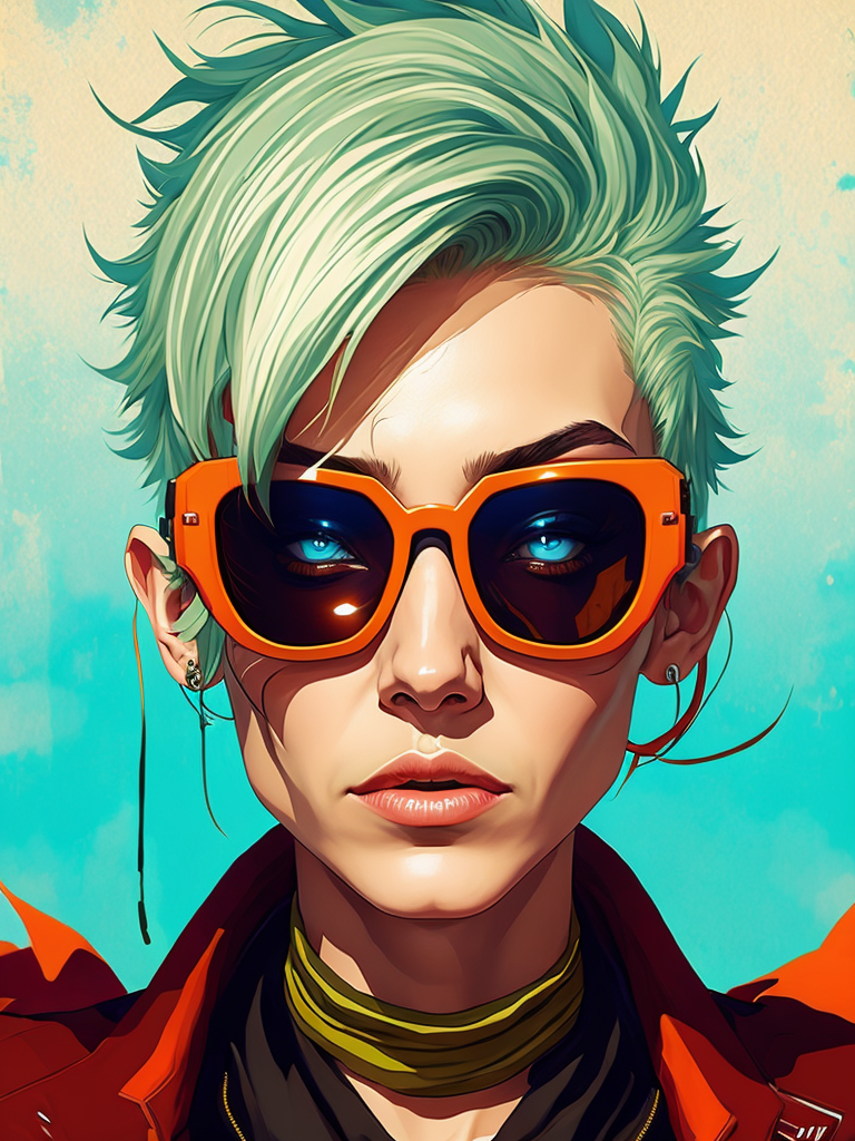 Portrait of halo, sunglasses, blue eyes, tartan scarf, white hair by atey ghailan, by greg rutkowski, by greg tocchini, by james gilleard, by joe fenton, by kaethe butcher, gradient yellow, black, brown and magenta color scheme, grunge aesthetic!!! graffiti tag wall background