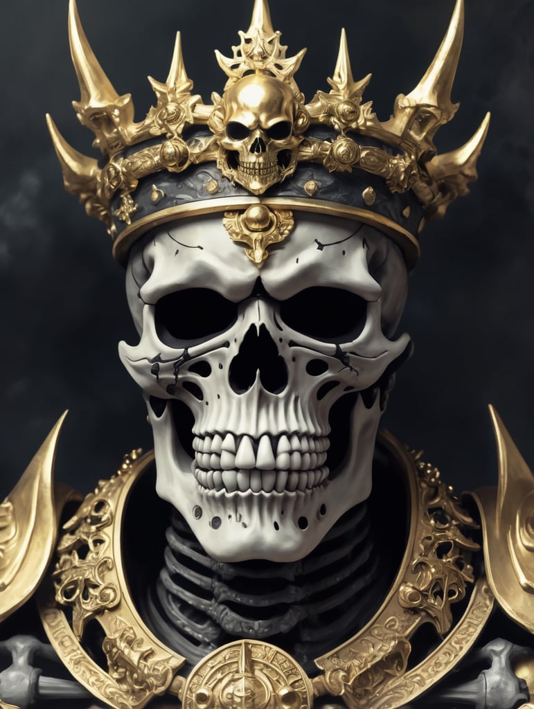 in the style of dark 90's anime. a drawing of a skeleton with an oni mask and a gold crown