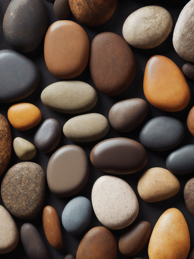 Texture of stones, pattern, background, top view, organic texture, seamless texture, scattered stones, gray and brown colors, deep colors, contrast lighting, voluminous stones, stones lie on top of each other, closely stacked stones