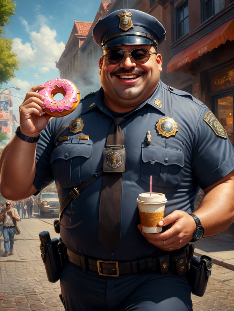 very fat cop with donut and cup of coffee, happy, sunglasses, image, portrait