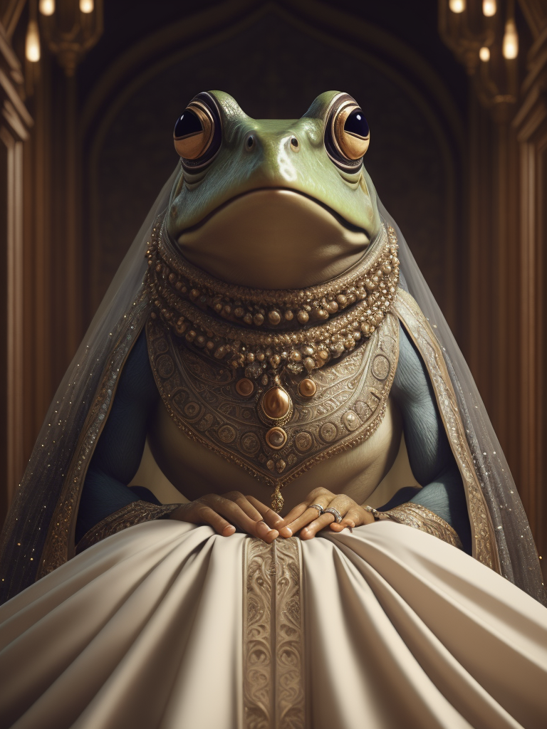 A frog that looks like Cher standing at the altar in a wedding dress with a veil