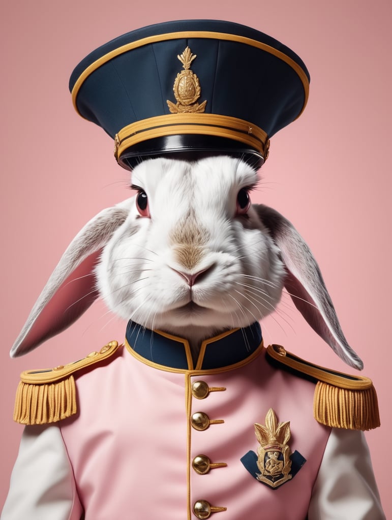 Portrait of a rabbit in a hat and uniform of beast trainer, made in a realistic style on a uniform pink background