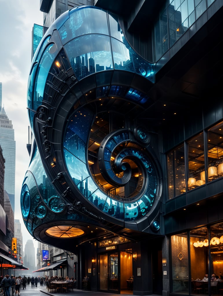 A futuristic neocosmic architectural facade of à Restaurant on the form of a musical note, in New York city, in blue glass, hyper realistic, hyper detailed, Nikon camera