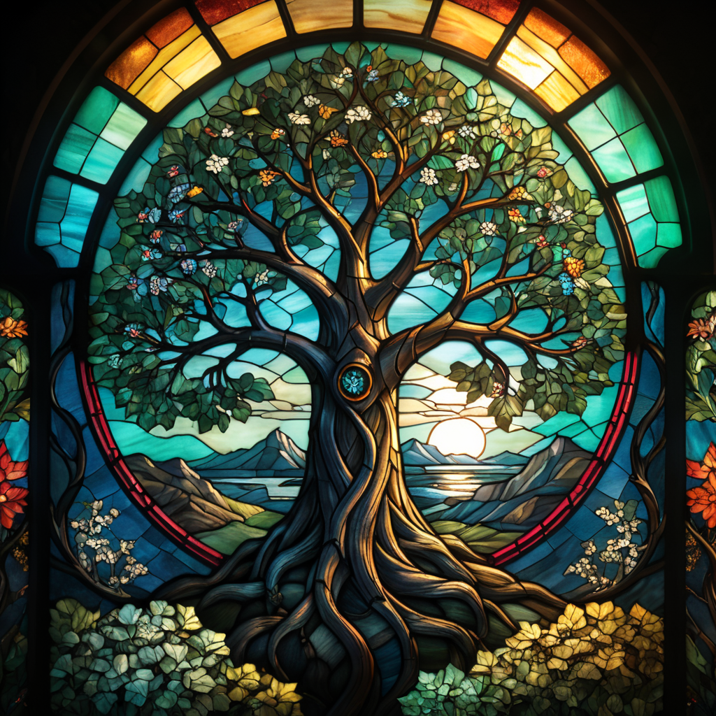 liberty Stained glass Tiffany style tree themed, simple, vector style, few colors
