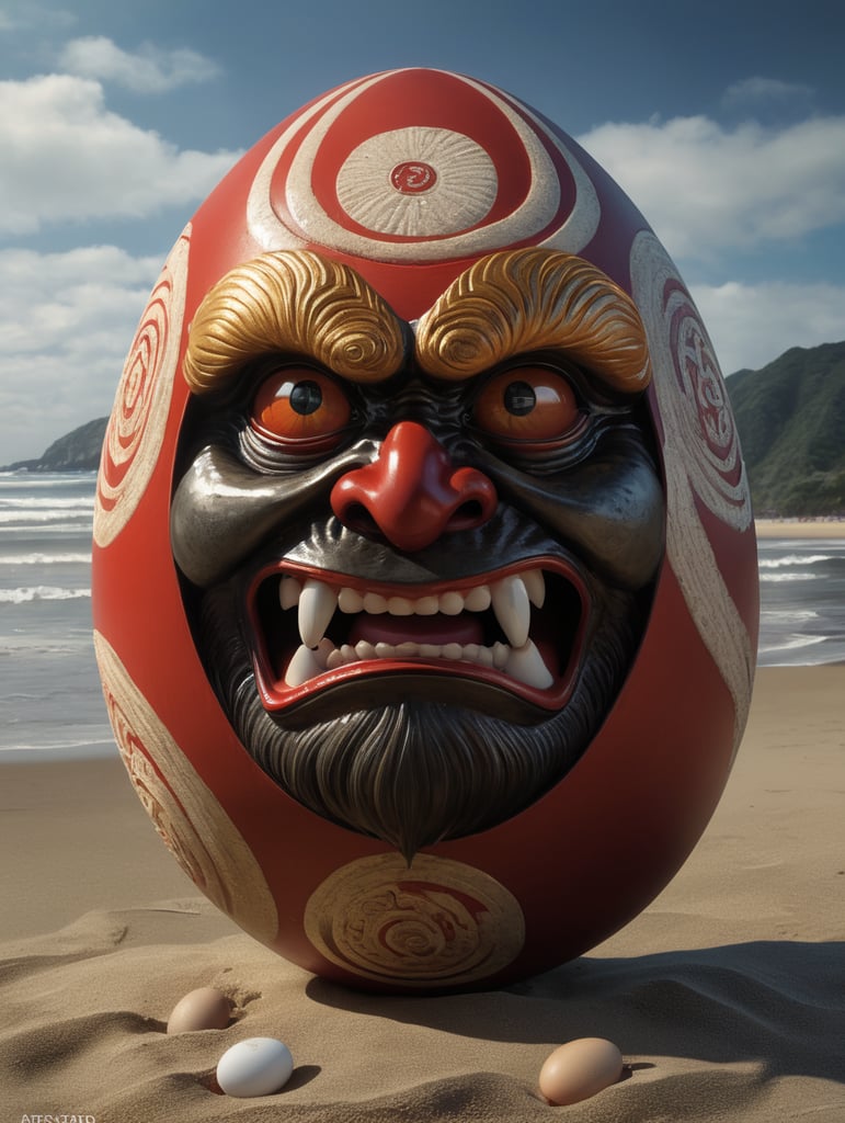 Japanese daruma figure as an egg. Situated on a beach close to the sea. Left eye has no pupil