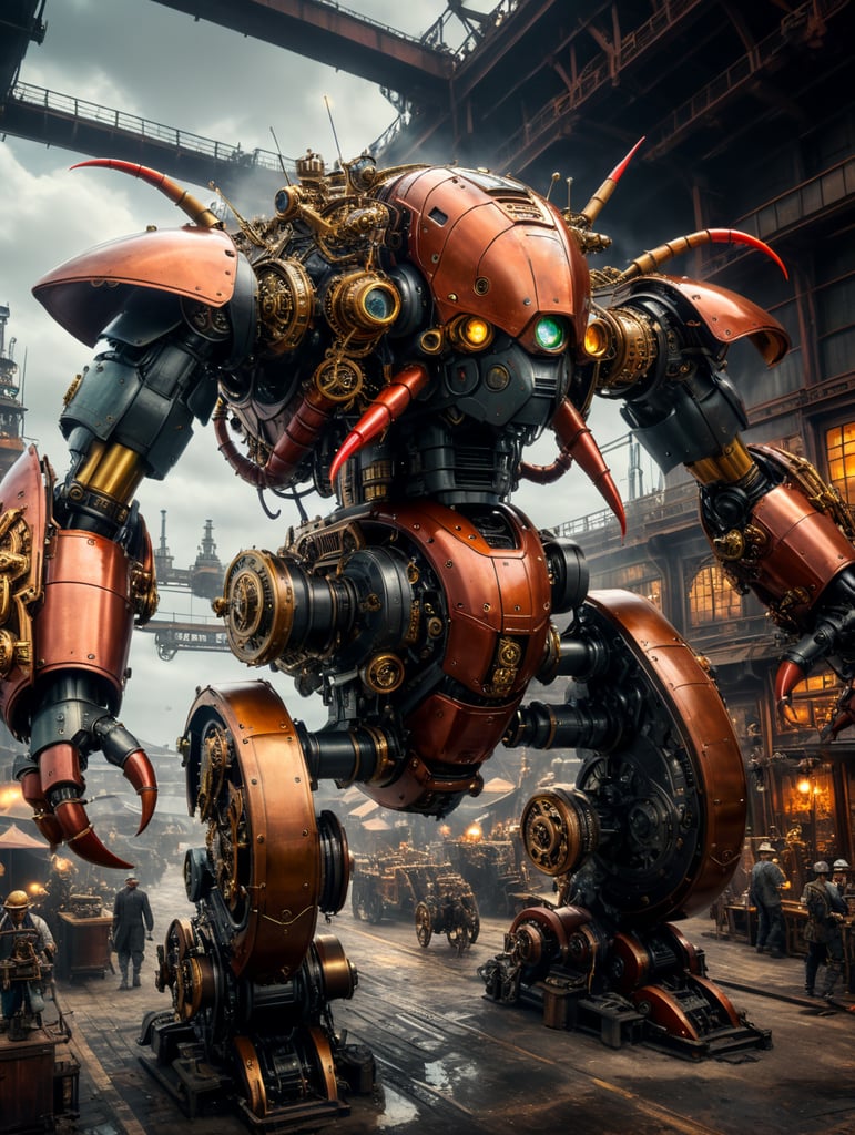 910 coloured photo of Flying mecha steampunk lobsters industrial revolution, extra details, wide angle