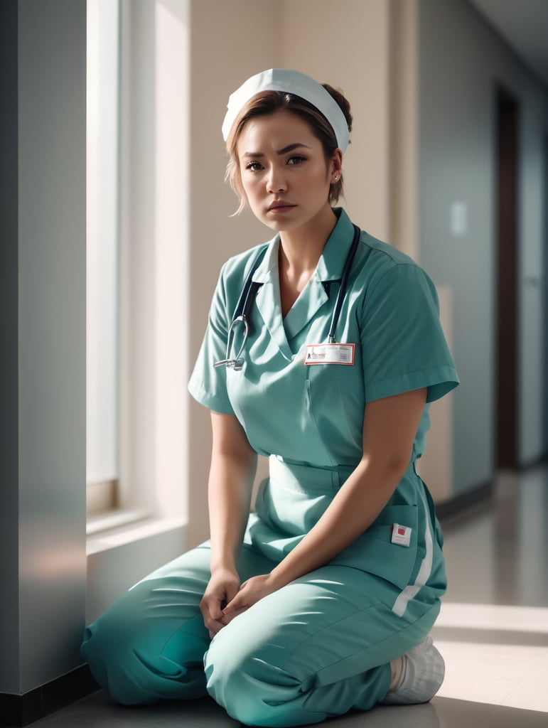 Portrait of a female working nurse, sitting on the floor in the hallway, sad face, sad colors and atmosphere, the light from the window illuminates her face