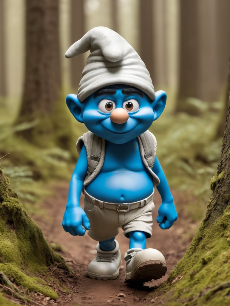 smurf grumpy face walking in beautiful forst