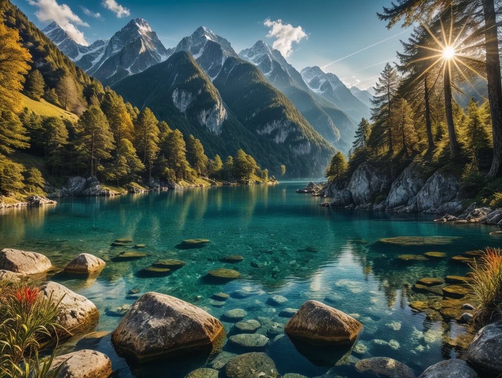 surreal place, similar to the landscapes of Switzerland, beautiful and beyond comprehension. crystal clear water, incredible and beautiful nature, radiant sun, cinematic, lots of details