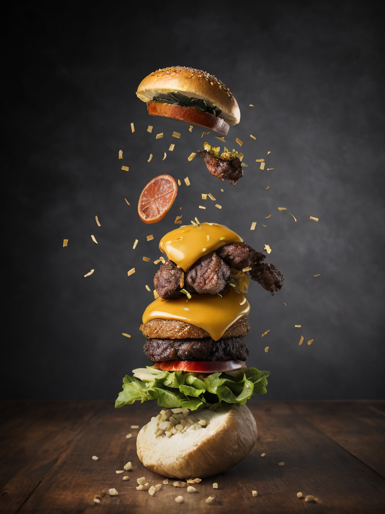 a hamburger falling into the air with a lot of ingredients on top of it, a hamburger being tossed in the air, photorealism, Artur Grottger, professional food photography