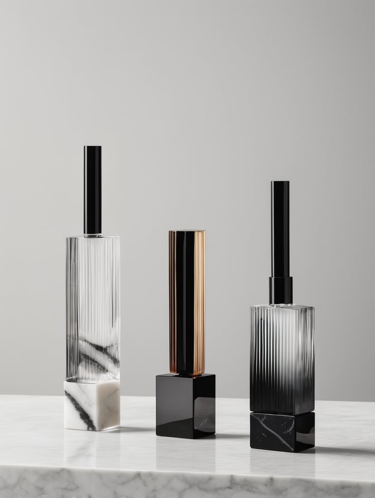 botella de perfume muy alta y esbelta con cristal cortado gemetrico horizontal inspirado en el art deco y el street art, en un set fotografico inspirado en la arquitectura de Luis Barragan. tapón minimalista negro con textura de marmol.