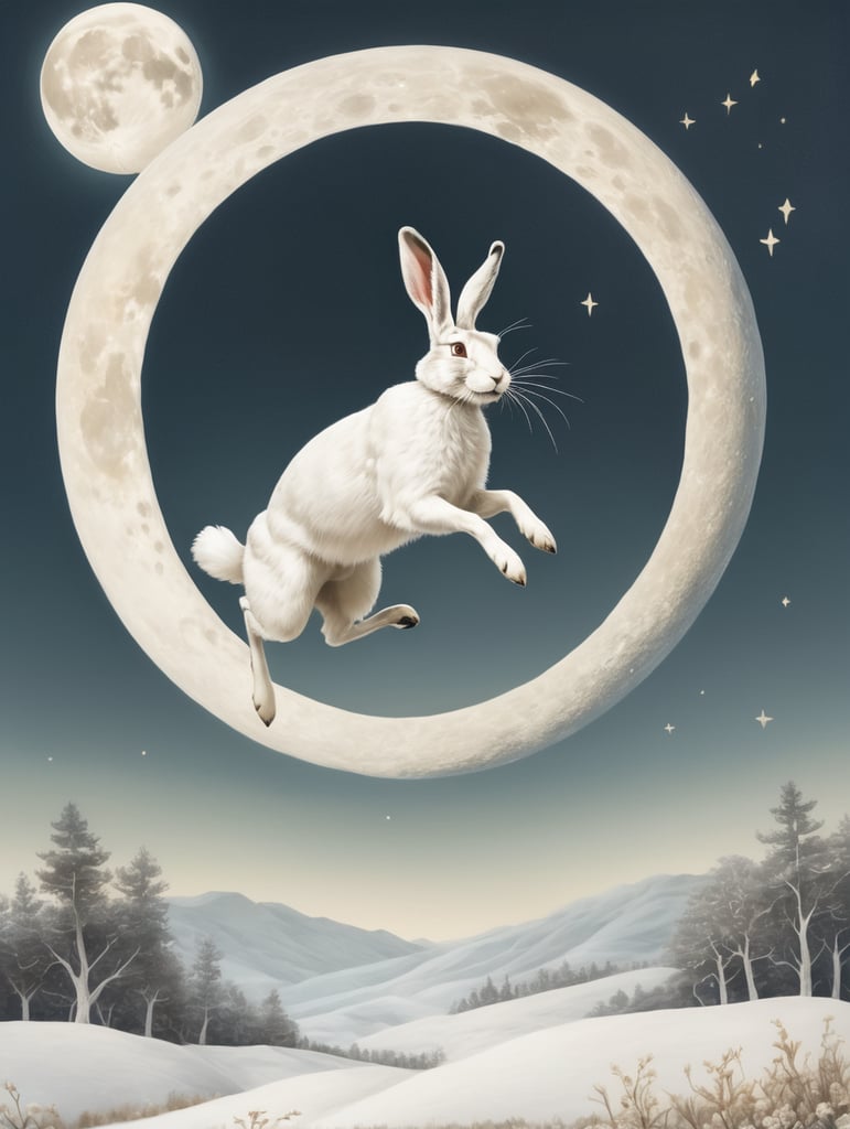 A white March hare leaping over the moon